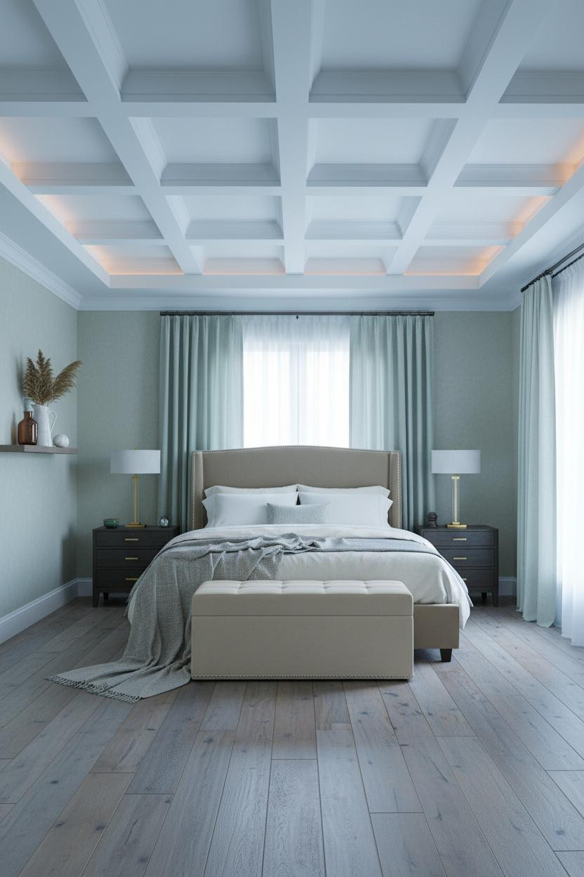 Green Coastal Bedroom Sage Blue Coffered Ceiling