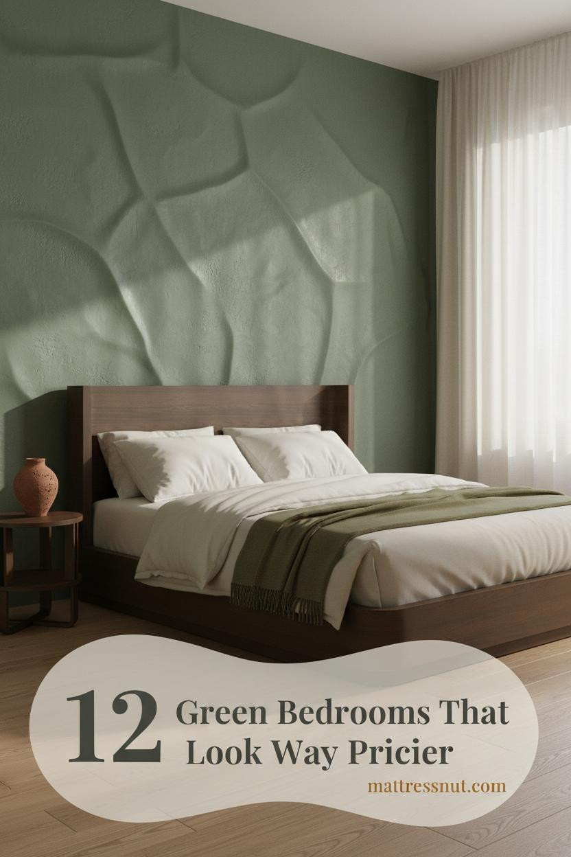 Forest green plaster accent wall with warm oak floors, ivory linen bedding, olive wool throw, and terracotta vessel on oak nightstand