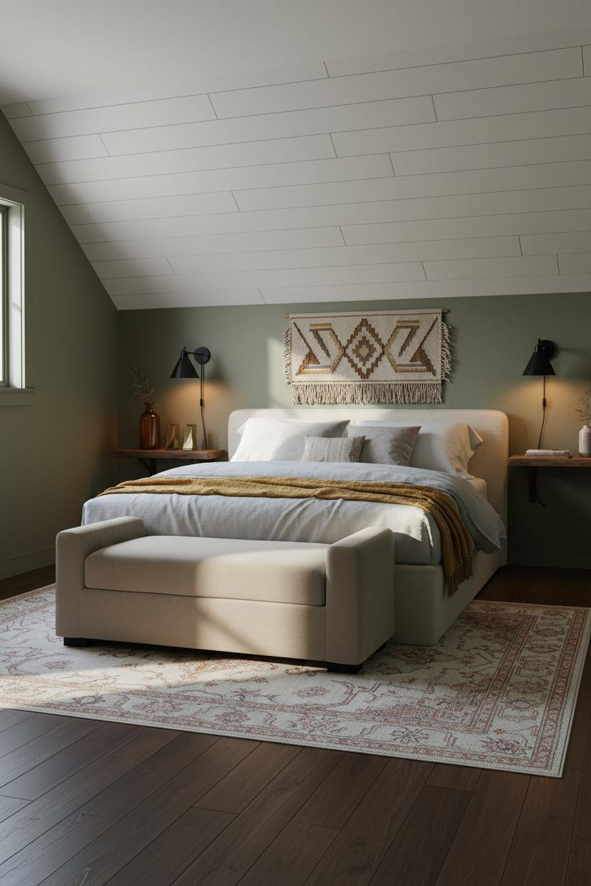 Green Neutral Attic Bedroom Design