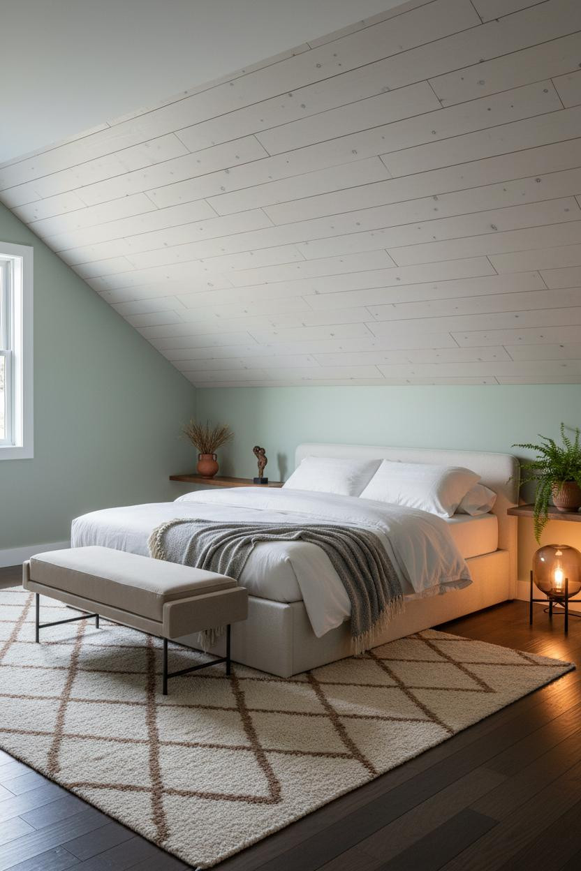 Green Neutral Attic Bedroom Design