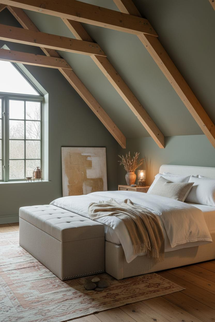 Green Neutral Attic Bedroom Exposed Beams