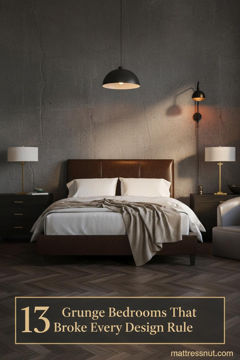 Moody grunge bedroom with charcoal concrete walls, amber sconce light, ivory percale bedding, linen throw, and dark herringbone parquet floors