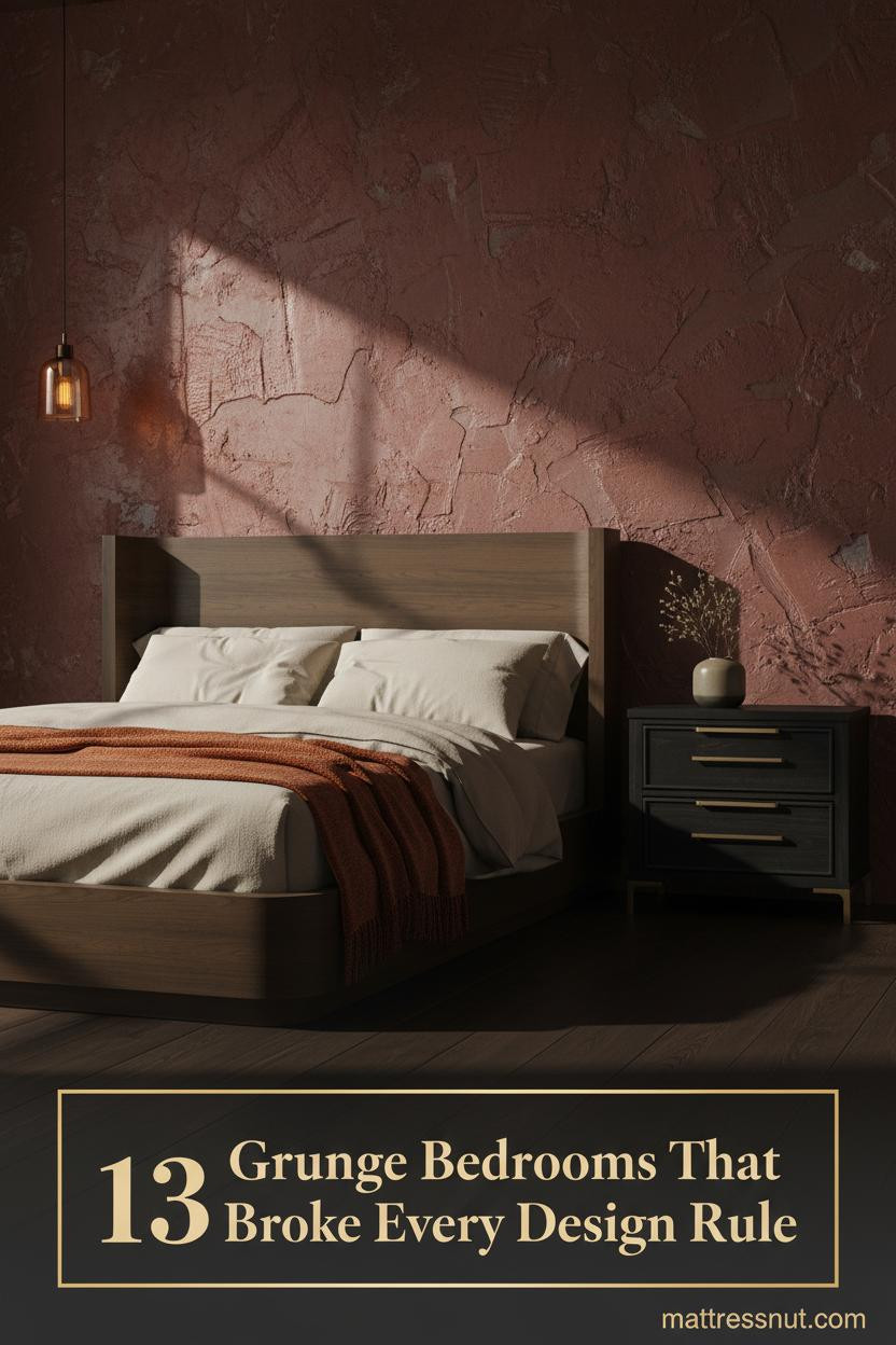 Moody grunge bedroom with deep burgundy plaster wall, dark hardwood floors, oatmeal bedding, burnt orange mohair throw, and warm amber sconce lighting