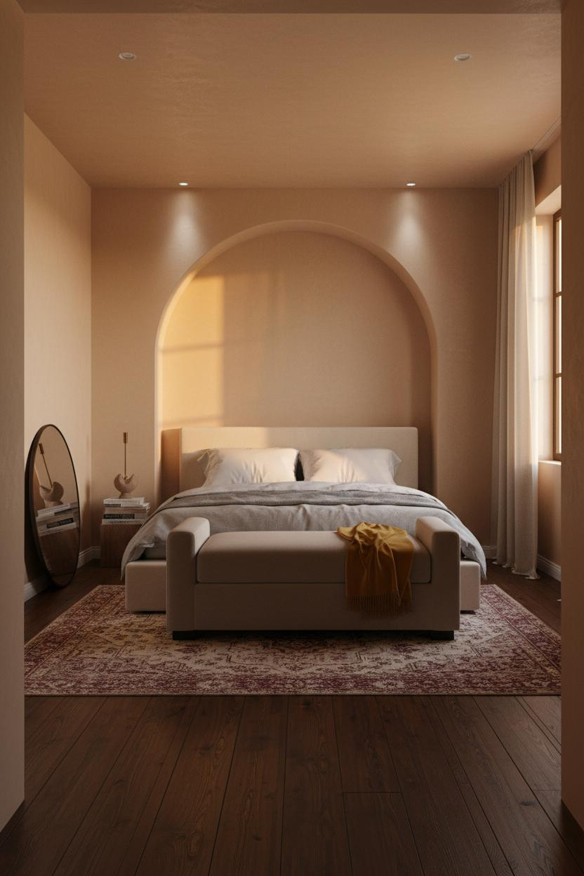 Guest Bedroom Farmhouse Arched Alcove Warm Lighting