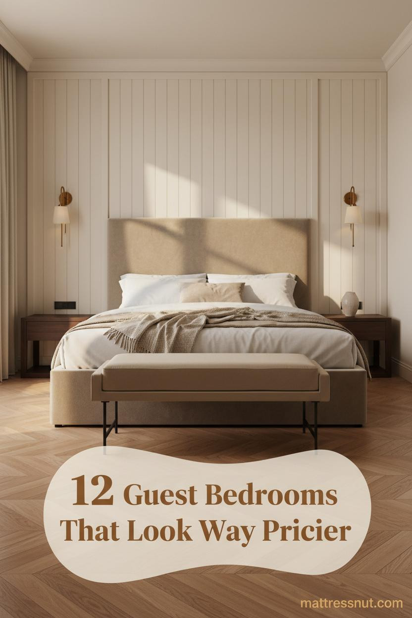 Cozy guest bedroom with cream board-and-batten wall, honey parquet floors, ivory linen bedding, wool throw, and warm walnut nightstand sconce glow