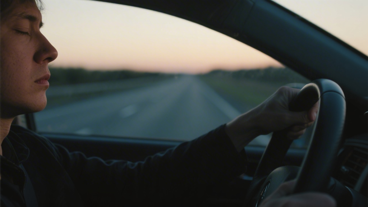 Tired driver at dusk gripping steering wheel showing signs of fatigue