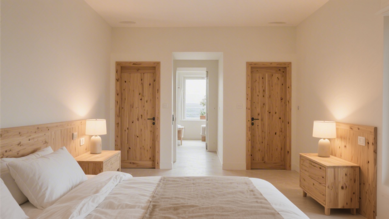 Bedroom furniture arranged in commanding position with clear traffic flow and symmetrical layout