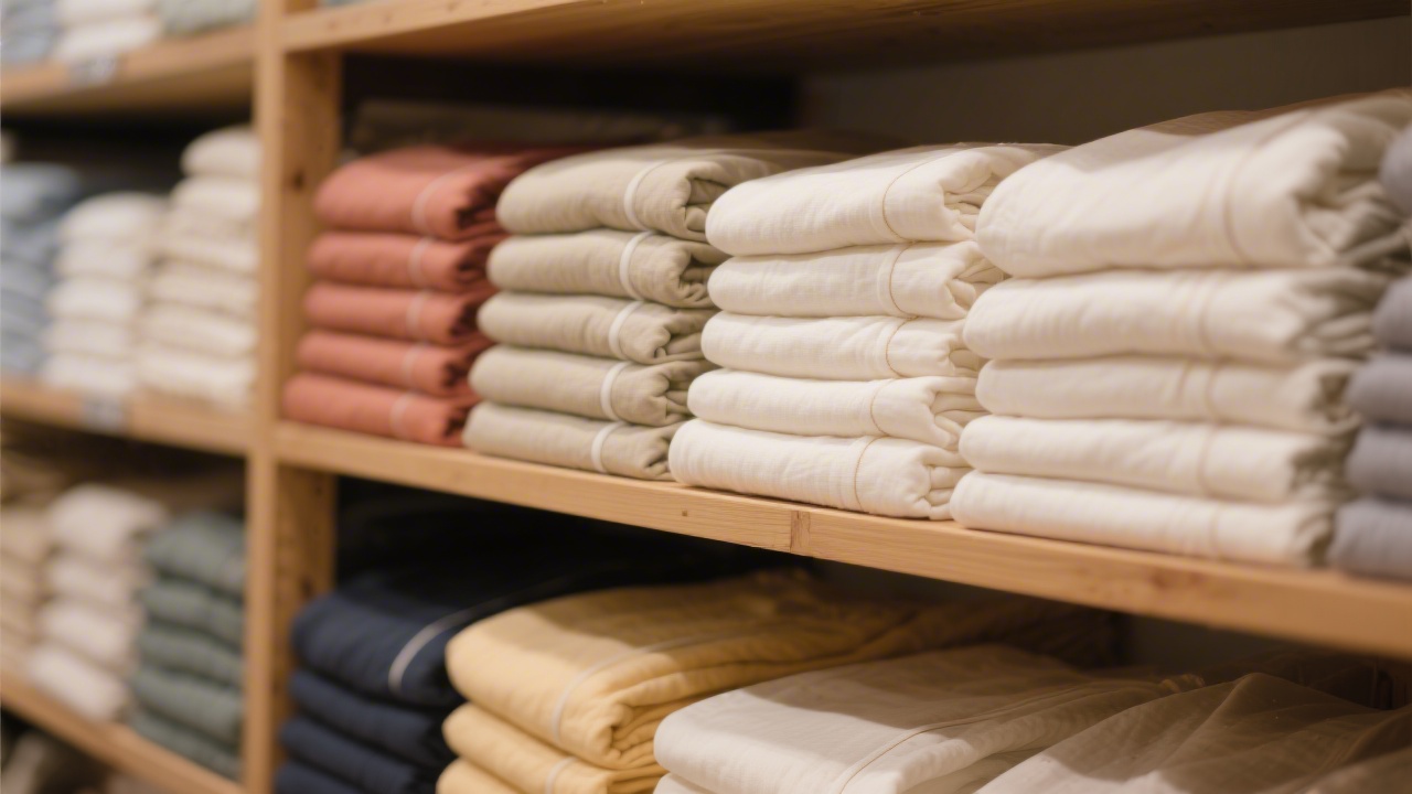 Stacked folded cotton sheet sets in various colors on shelves