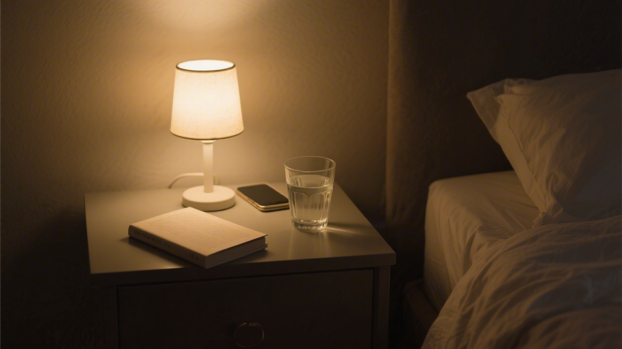 Bedside table with book and lamp but no phone representing phone-free bedtime alternatives