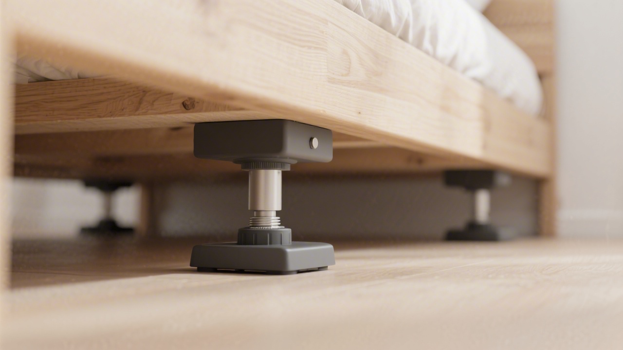 Bed risers installed under bed frame legs showing how to raise a low bed to a comfortable height