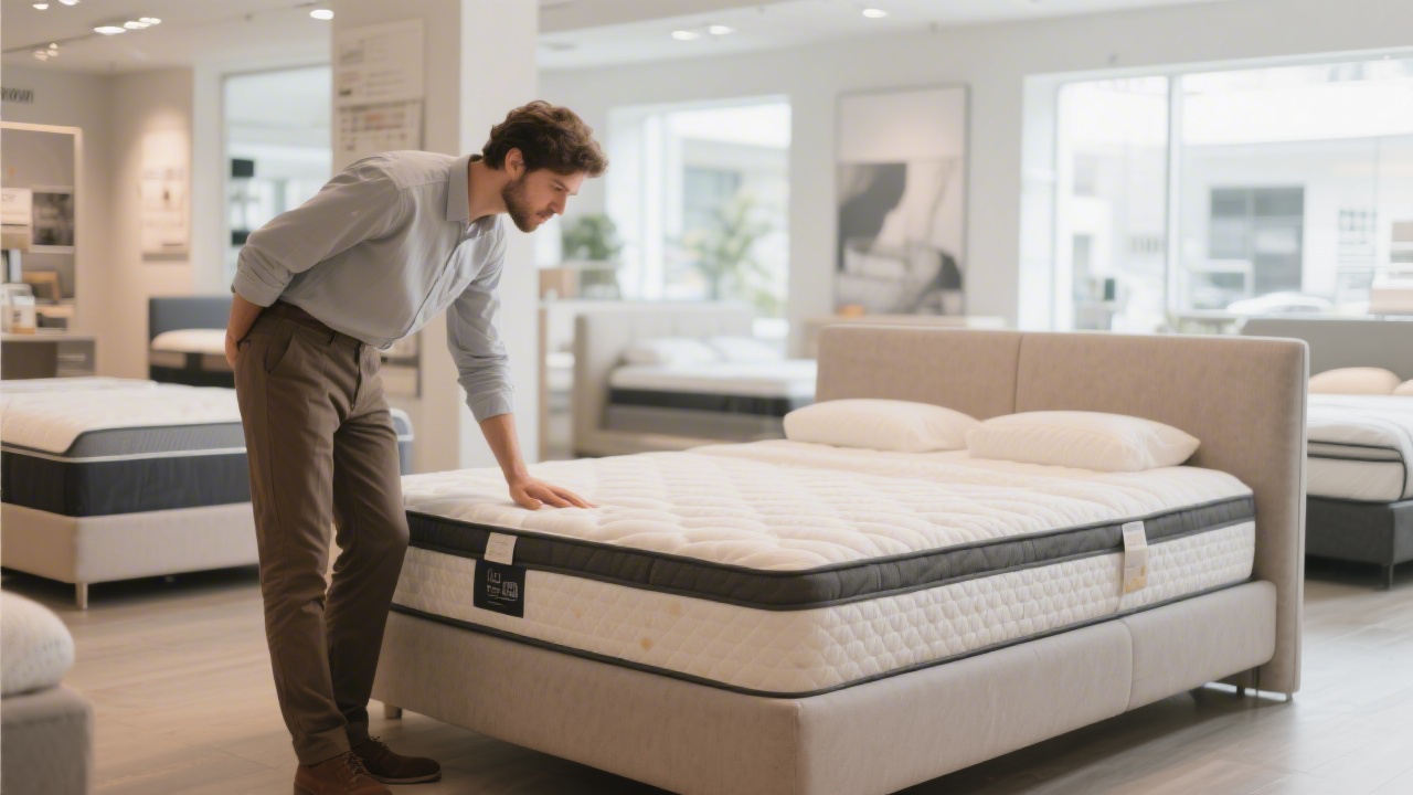 Person evaluating mattress options in a modern mattress showroom