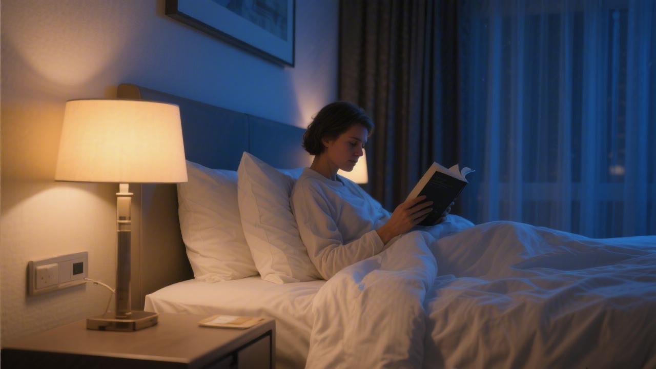 Person reading in a hotel room bed preparing for sleep