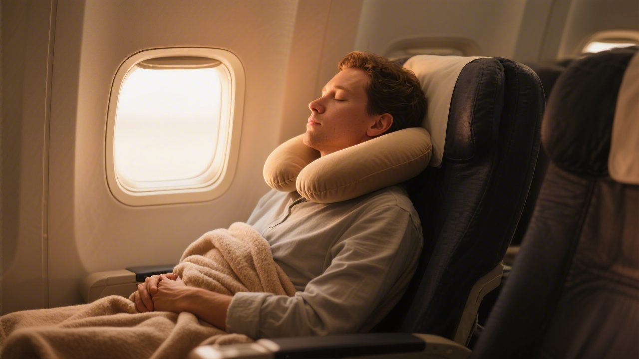 Passenger sleeping on a plane with neck pillow and eye mask