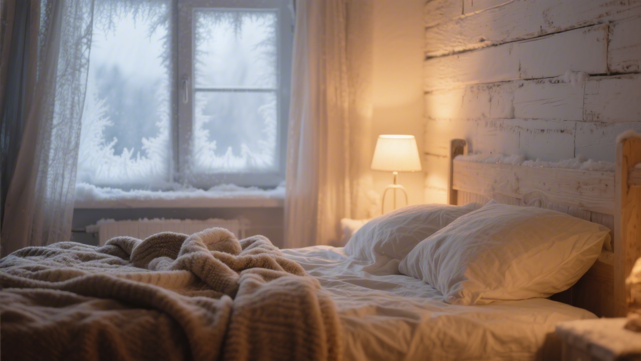 Cozy bedroom with warm layered bedding for cold nights