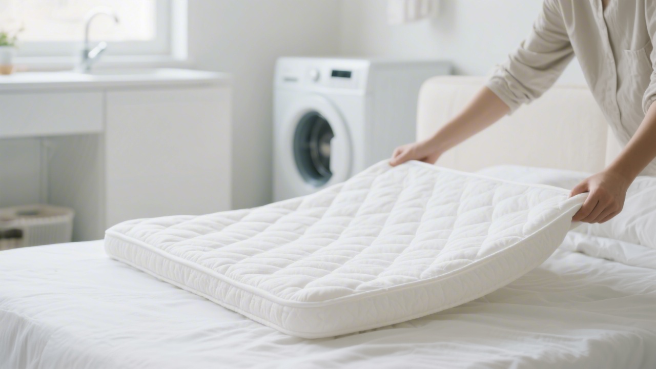 White mattress pad being placed on a bed after washing