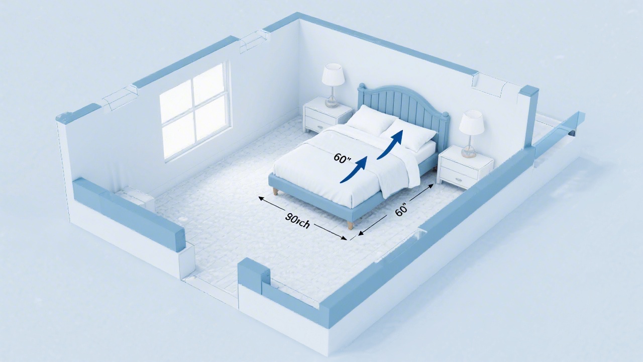 Queen bed width diagram showing 60 inch measurement with room planning clearance guide