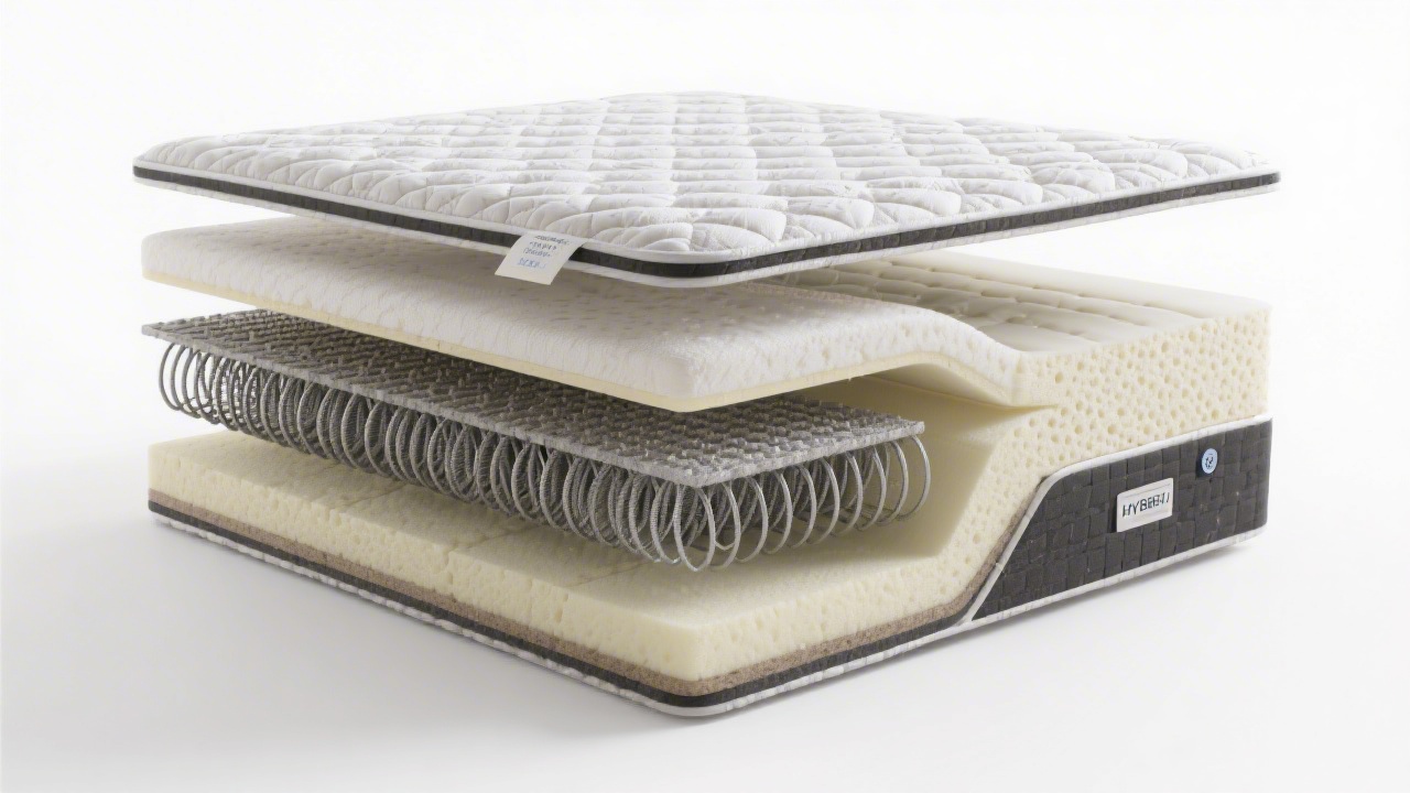 Exploded view of hybrid mattress layers showing foam comfort layers and pocketed coil support core