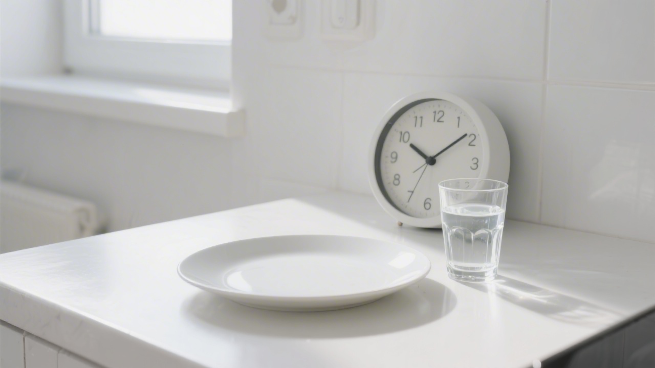 Clock and empty plate representing intermittent fasting eating window and circadian rhythm