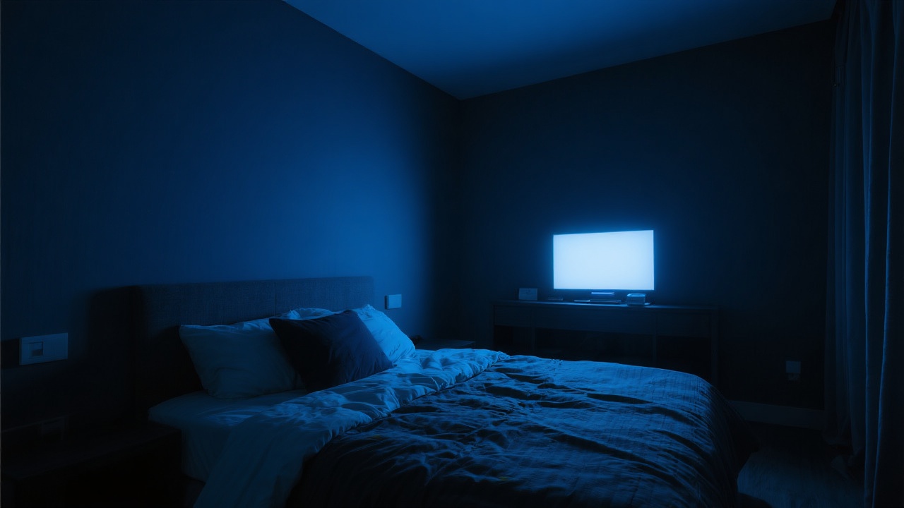 Bedroom with television glow at night representing research on sleeping with TV on