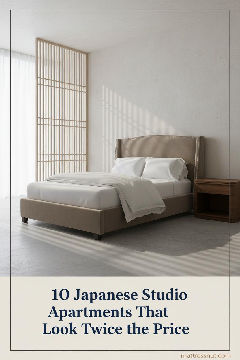 Compact Japanese studio apartment with ivory linen platform bed, ash lattice screen, concrete floors, and diffused cool daylight from a high window