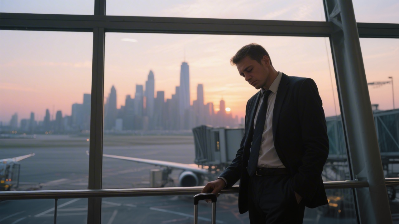 Traveler at airport at dawn experiencing eastward jet lag