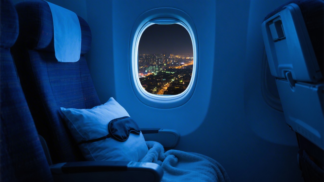 Airplane window seat at night with sleep accessories for long-haul flight