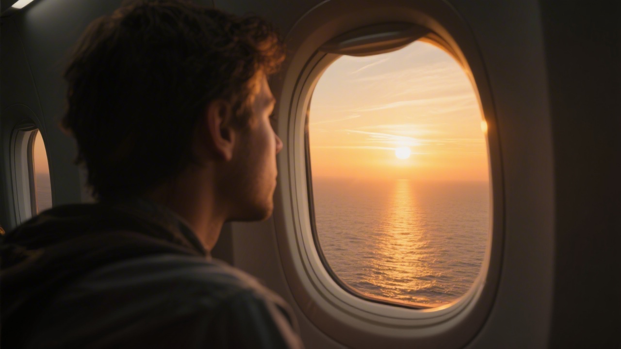Traveler on westward flight watching sunset, jet lag recovery