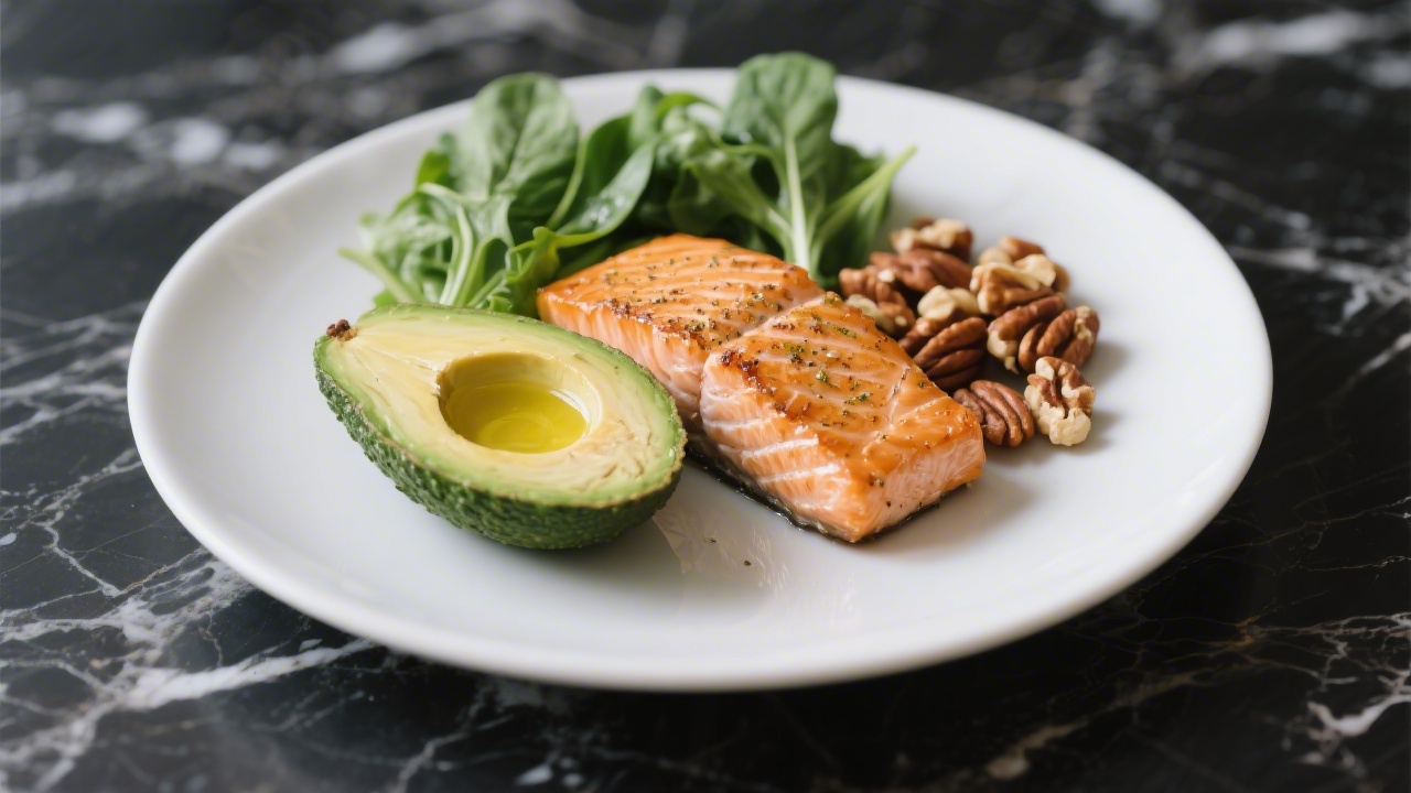 Ketogenic diet meal with avocado salmon and nuts showing low-carb foods that affect sleep