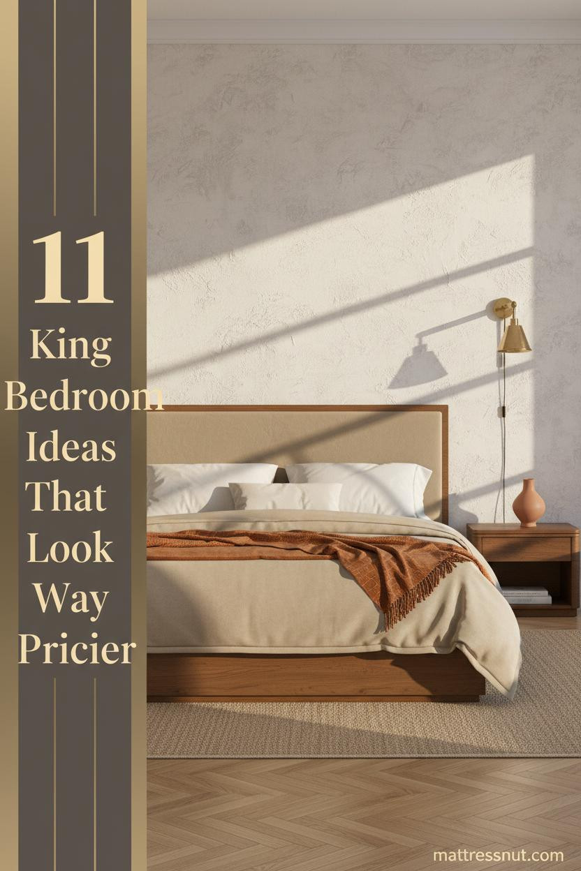 King bedroom with linen-white plaster headwall, blonde oak herringbone floor, brass sconces, oatmeal duvet, and burnt-orange mohair throw
