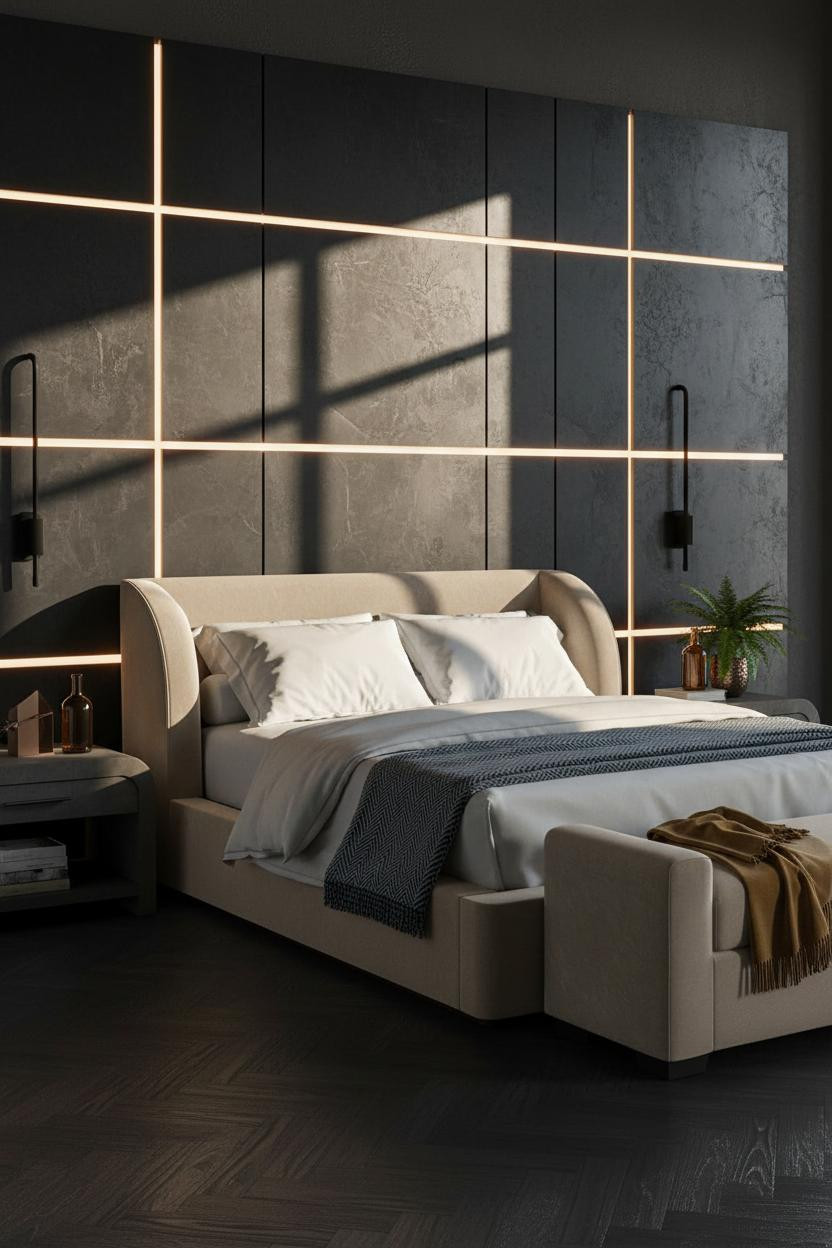 King Bedroom Industrial LED Headwall Design