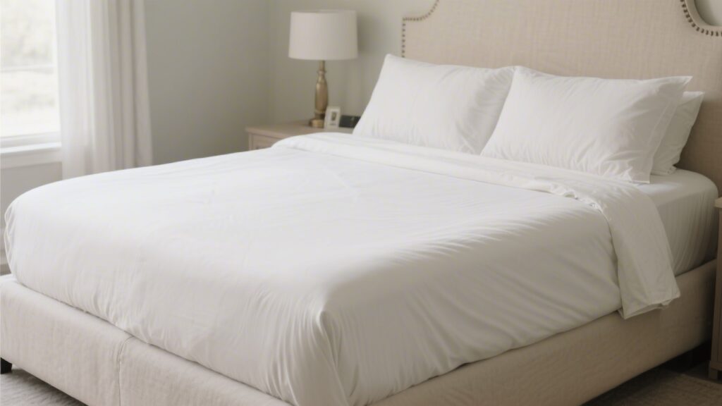 California king bed with fitted sheets perfectly tucked