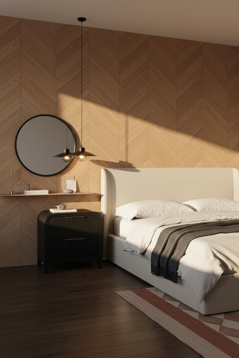Korean Studio Apartment Herringbone Accent Wall