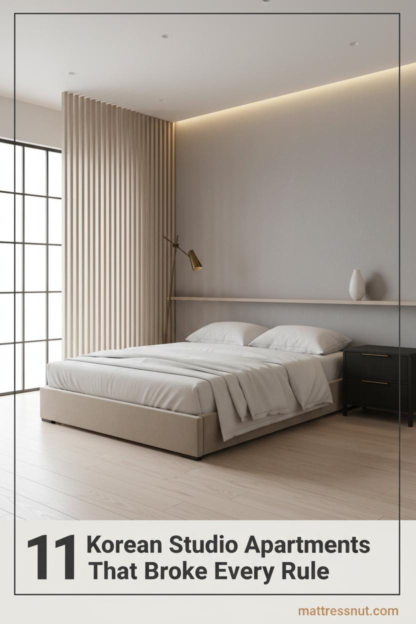 Compact Korean studio apartment with dove grey plaster wall, slatted ash wood partition, low platform bed, pale birch floors, warm recessed lighting