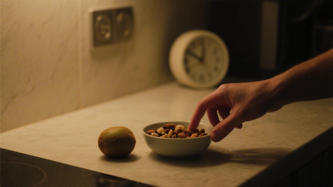 Late night bedtime snack of nuts and kiwi fruit on kitchen counter at 9pm