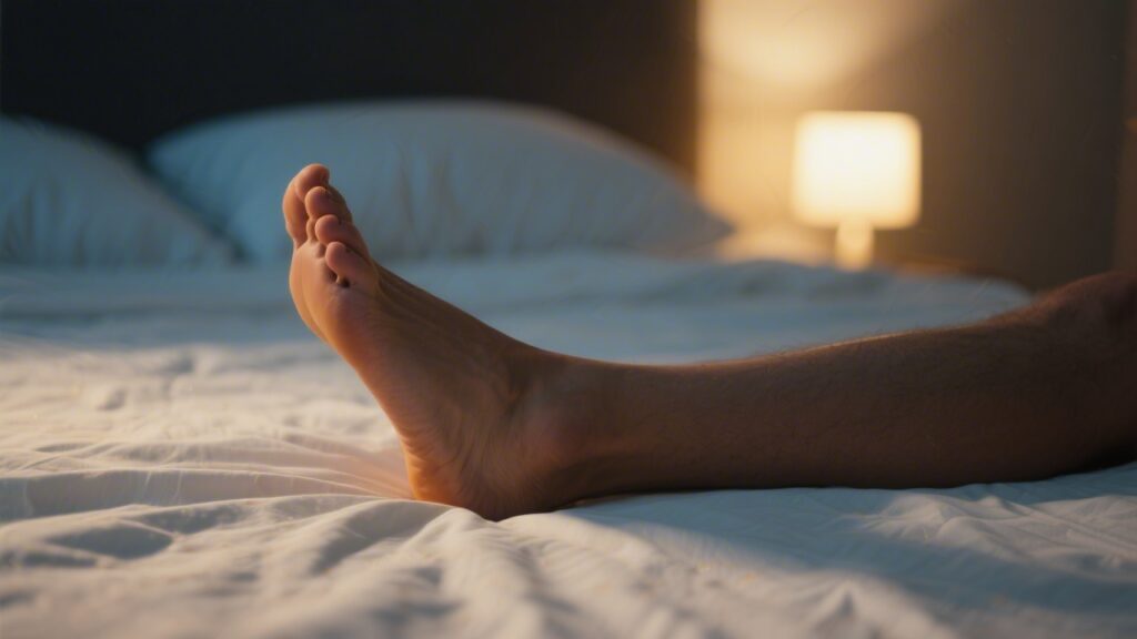 Person stretching leg cramp at night in bed