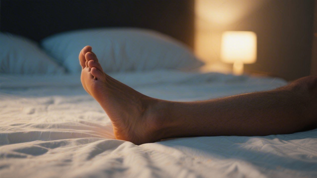Person stretching leg cramp at night in bed