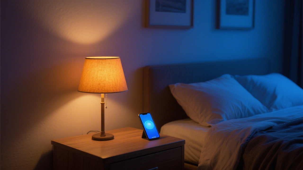 Bedroom showing contrast between warm sleep-friendly lamp light and blue phone screen light