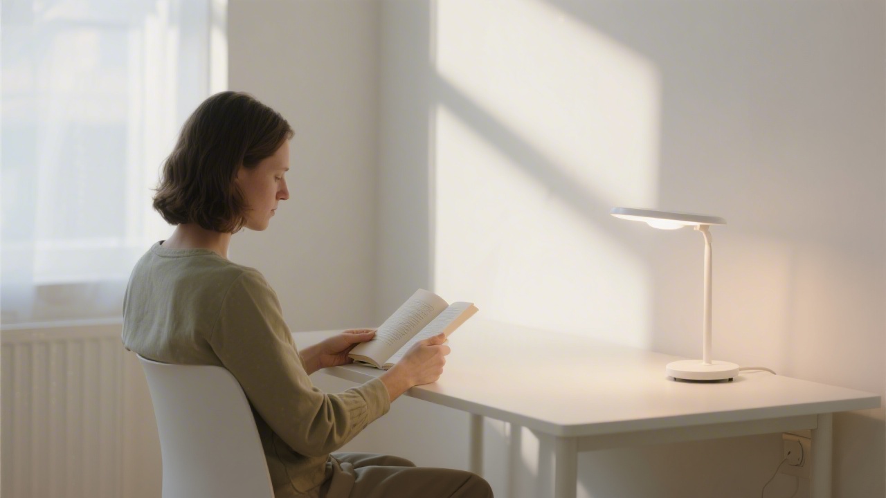 Light therapy lamp on morning desk for circadian rhythm reset and sleep improvement
