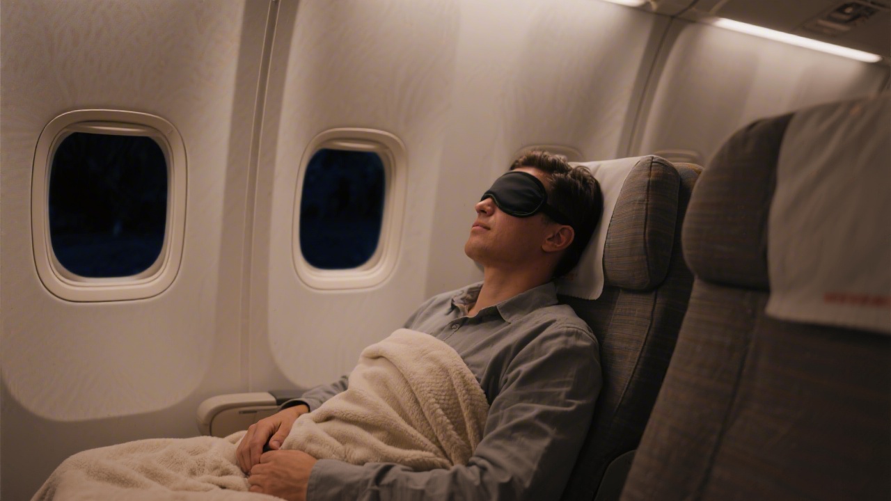 Passenger sleeping on long-haul flight with eye mask and neck pillow