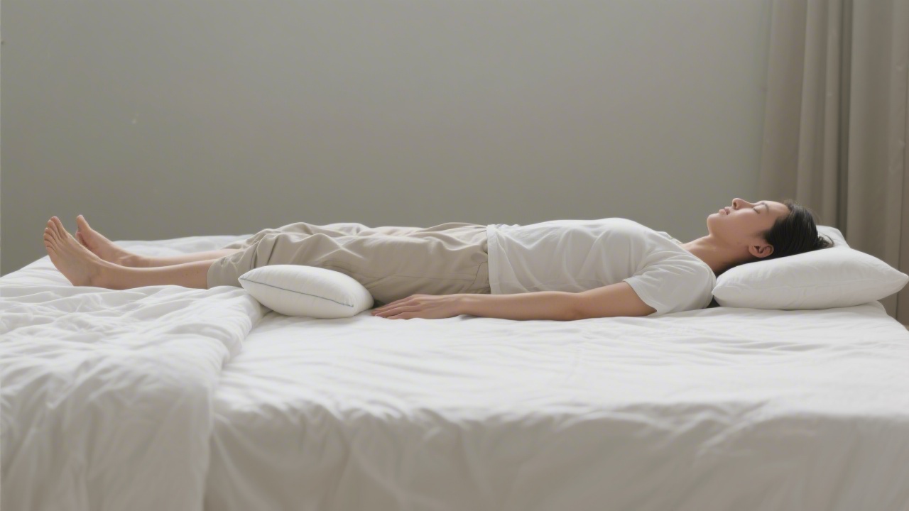 Back sleeping with pillow under knees to reduce anterior pelvic tilt during sleep