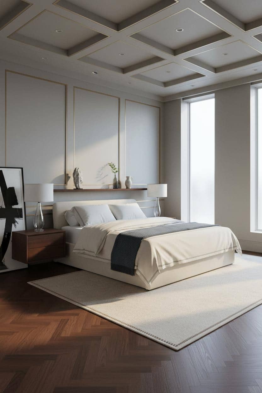 Luxury Bedroom Coffered Ceiling Walnut Herringbone