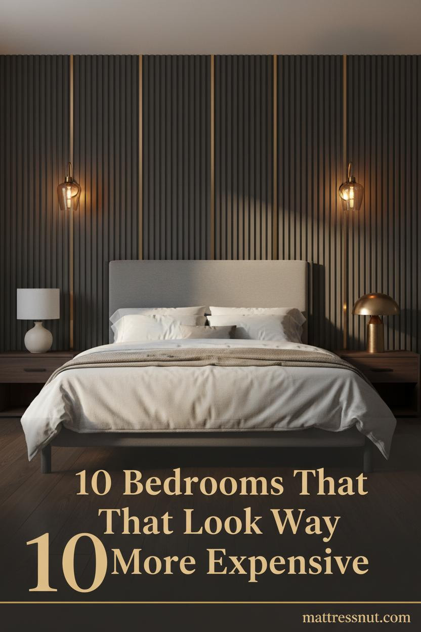 Luxury master bedroom with charcoal fluted wall panels, brass accents, ivory boucle bedding, dark walnut nightstand, and warm amber sconce lighting