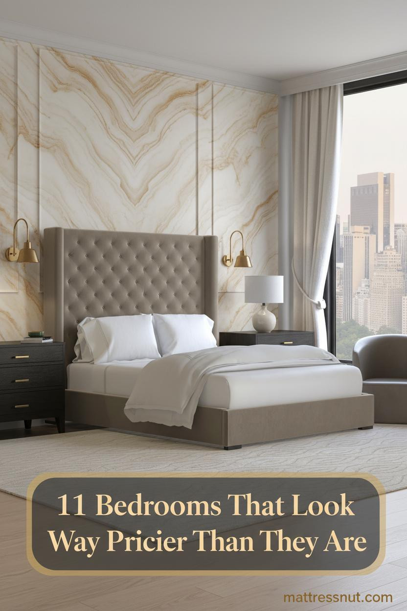 Luxury master bedroom with floor-to-ceiling travertine accent wall, brass sconces, stone grey linen bedding, and ivory curtains pooling on bleached oak floors