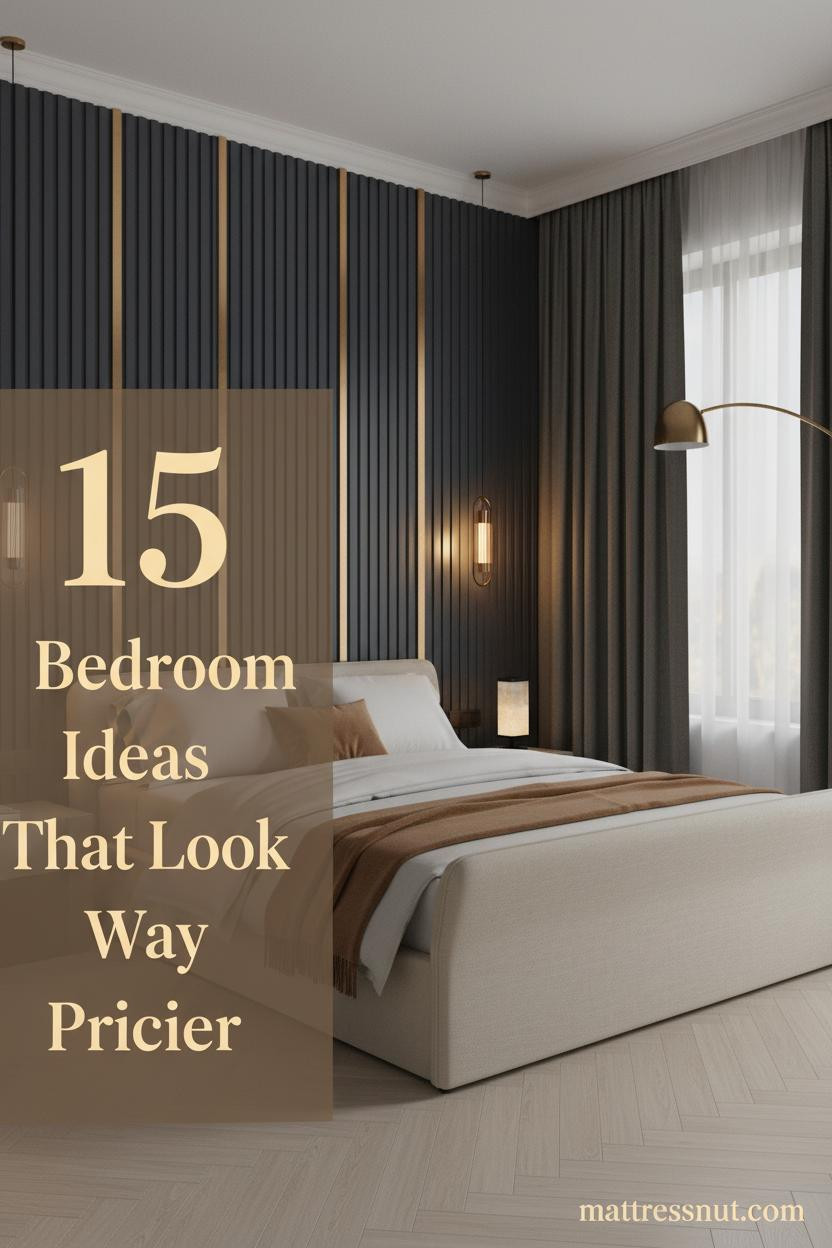 Luxury master bedroom with deep indigo fluted plaster wall, brass sconces, ivory boucle bedding, camel throw, and herringbone oak floors