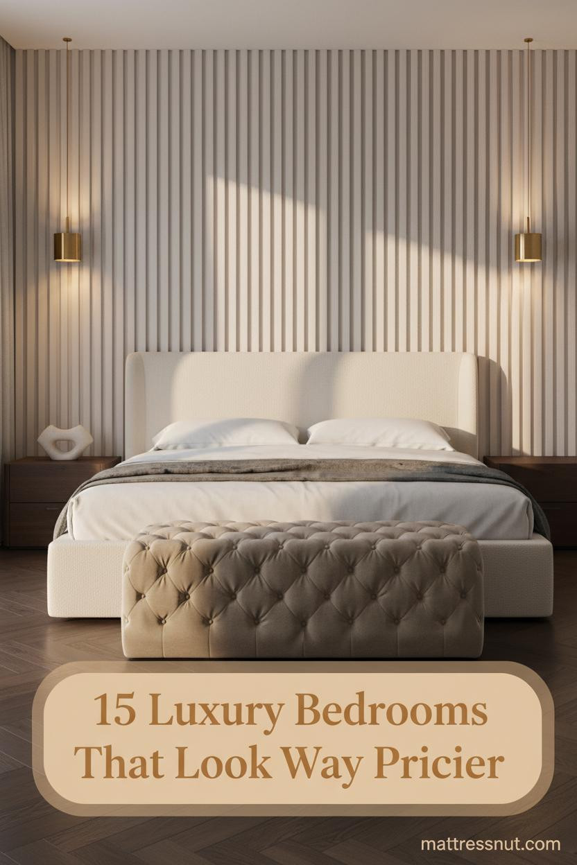 Warm luxury master bedroom with white oak slatted accent wall, walnut herringbone floors, ivory boucle bedding, and twin brass sconces