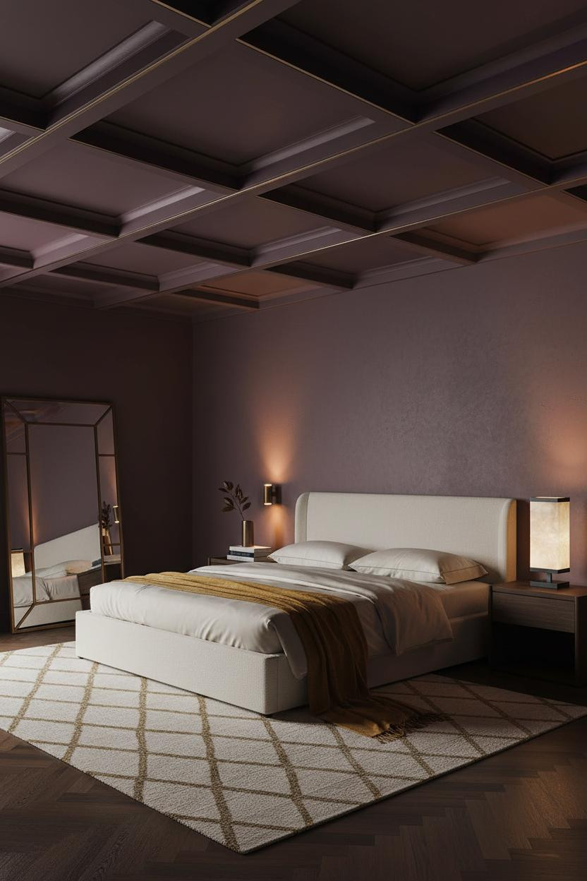 Luxury Bedroom Dark Plum Coffered Ceiling
