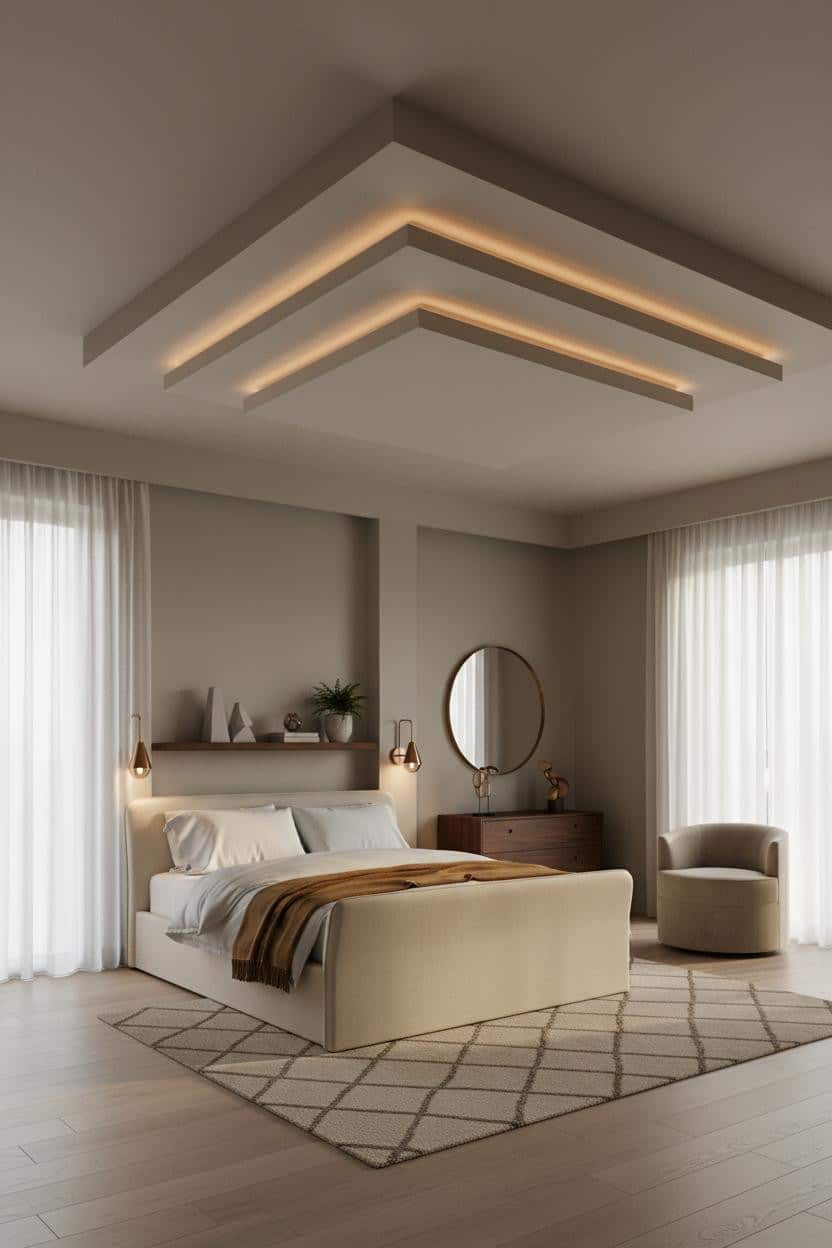 Luxury Bedroom Pop Ceiling Geometric Led