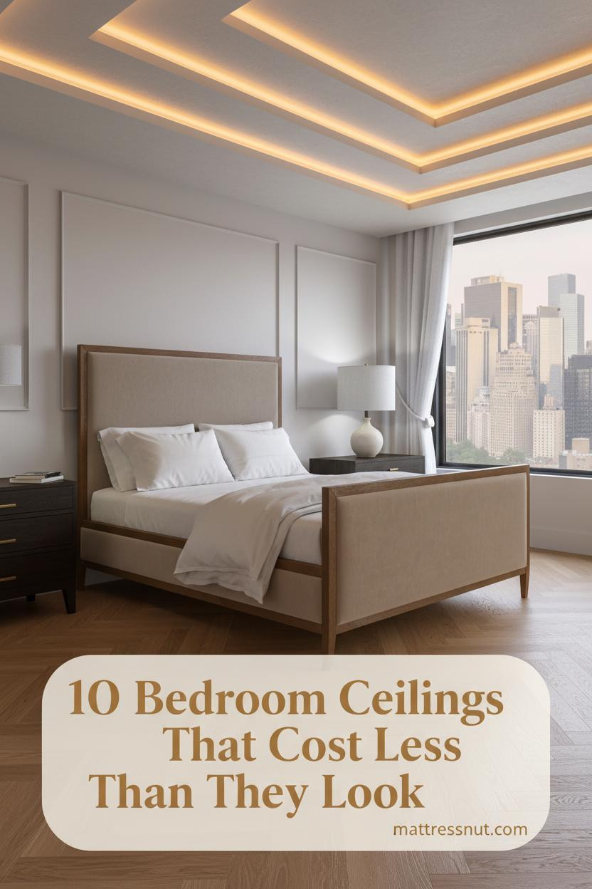 Luxury bedroom with multi-tiered clay plaster pop ceiling, recessed LED cove lighting, ivory linen bed, brass lamp, and honey oak herringbone floor