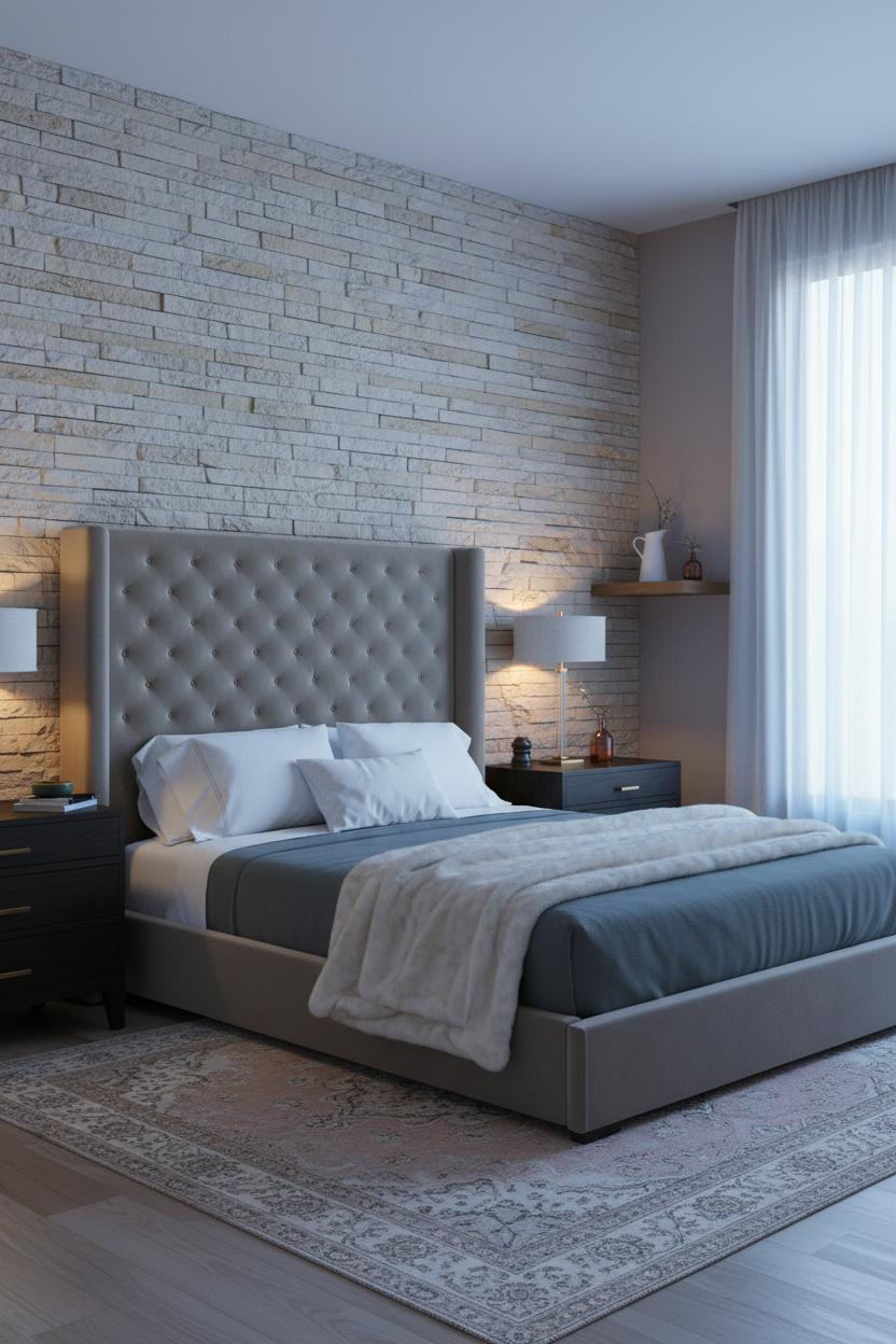 Luxury Bedroom Design Stone Accent Wall