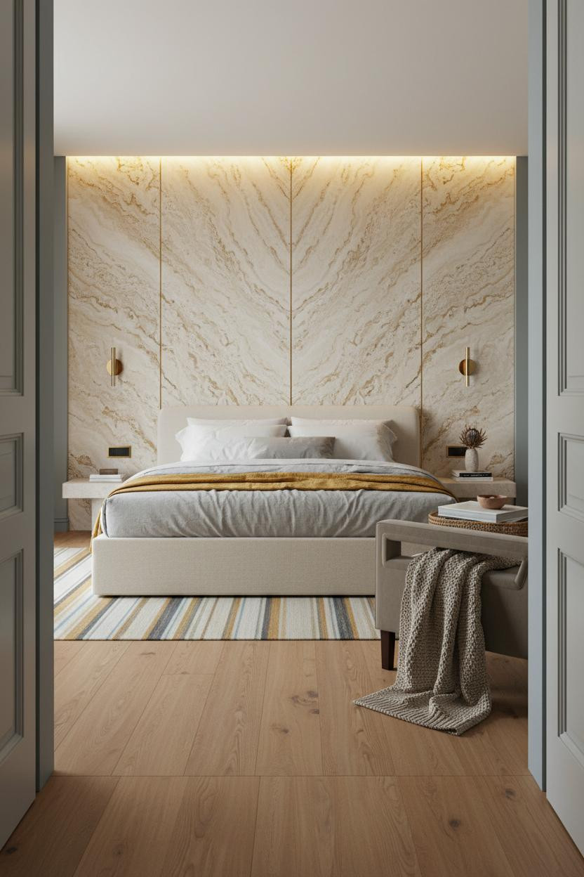 Luxury Bedroom Travertine Accent Wall Modern